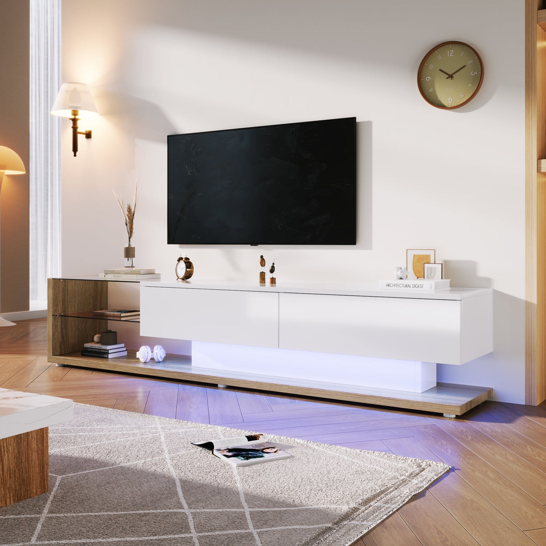 TV Cabinet Lowboard, LED Lighting Glass Partition, High-Gloss White and Wood