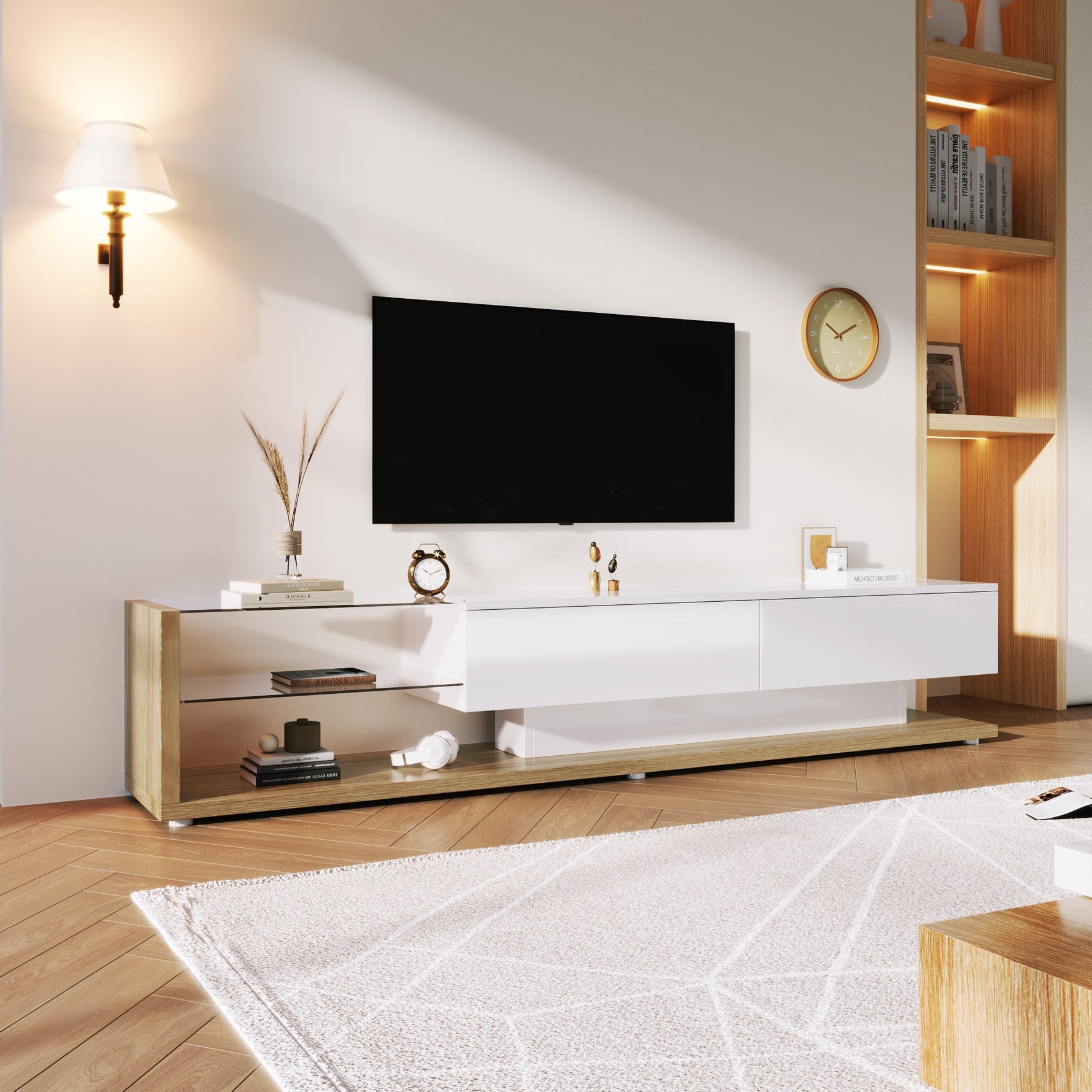 TV Cabinet Lowboard, LED Lighting Glass Partition, High-Gloss White and Wood
