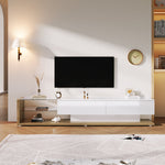TV Cabinet Lowboard, LED Lighting Glass Partition, High-Gloss White and Wood