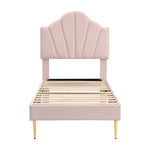 Shell-shaped Upholstered Bed with Storage Bench and Adjustable Headboard, 90x200cm, Pink Velvet