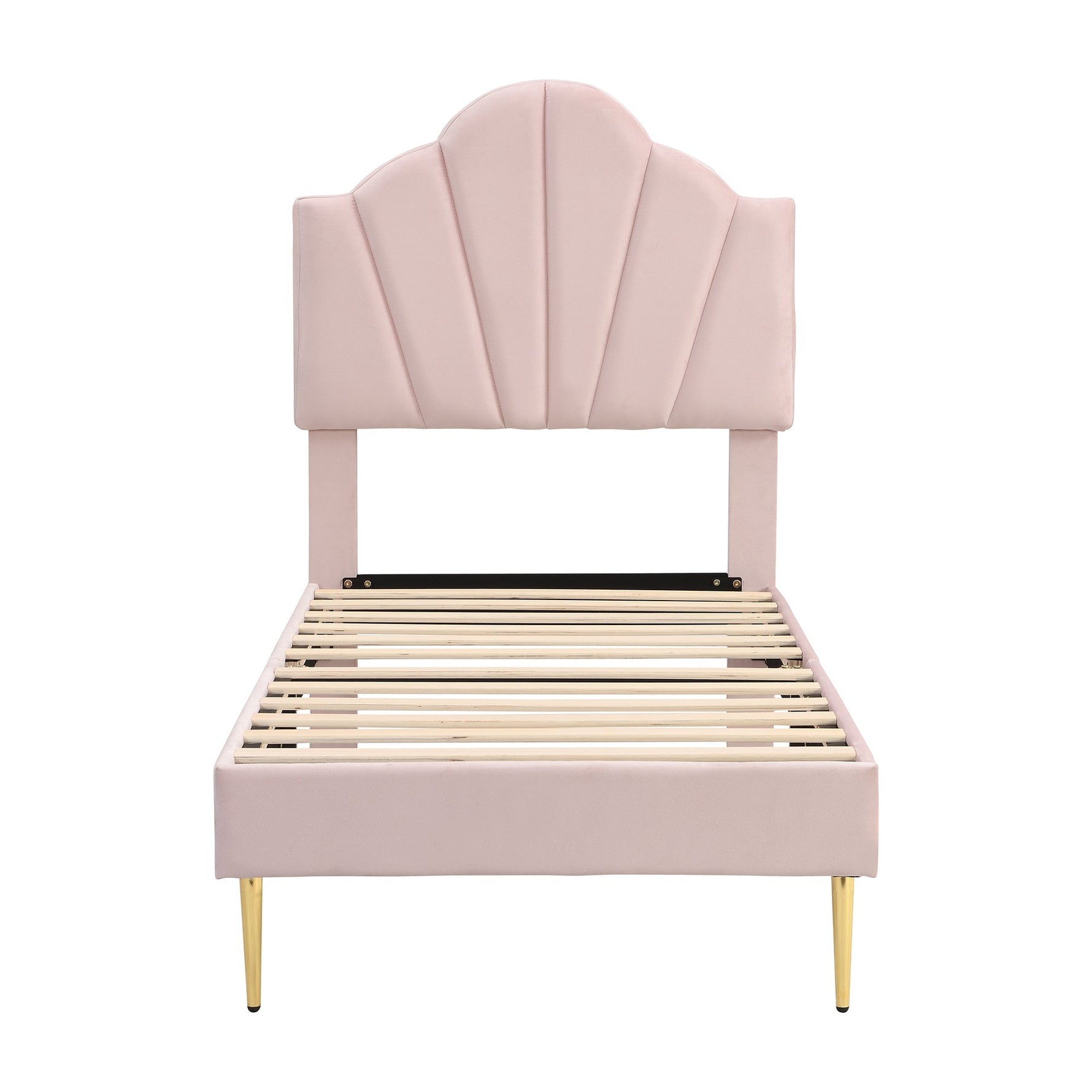 Shell-shaped Upholstered Bed with Storage Bench and Adjustable Headboard, 90x200cm, Pink Velvet