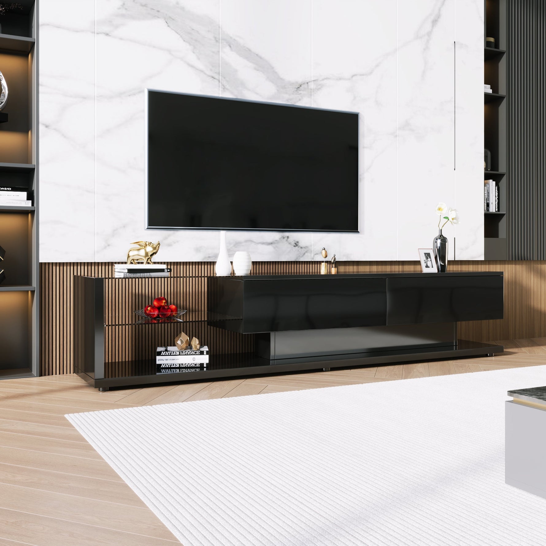TV Cabinet, High-Gloss with Glass Partitions & LED Lighting, Rustic/Modern Design
