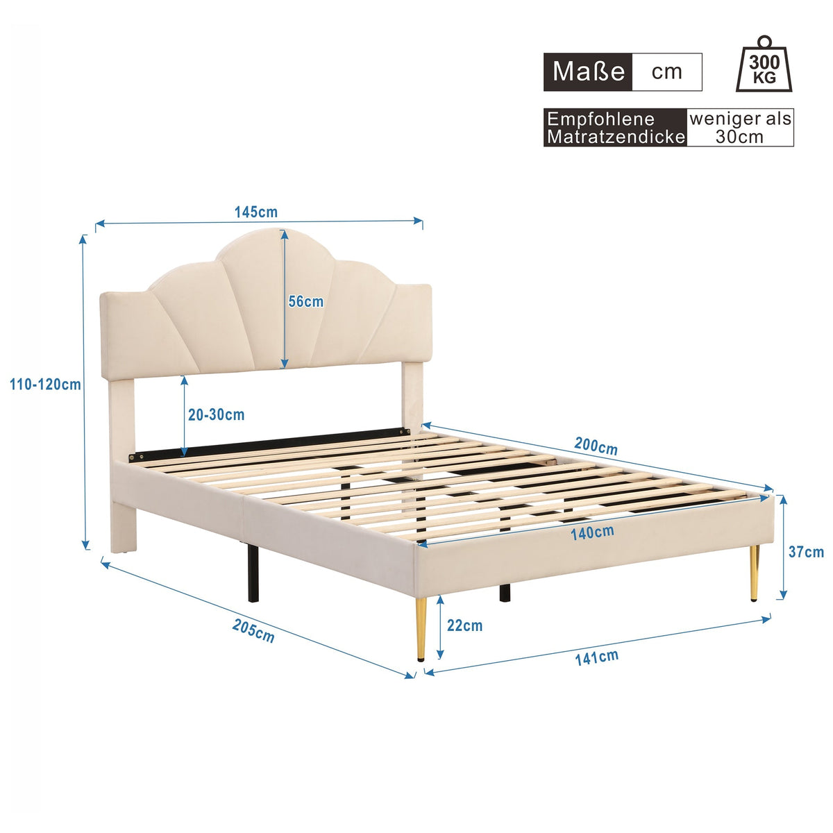 Shell-Shaped Upholstered Double Bed with Golden Legs and Slatted Base, 140x200 cm, Beige Velvet
