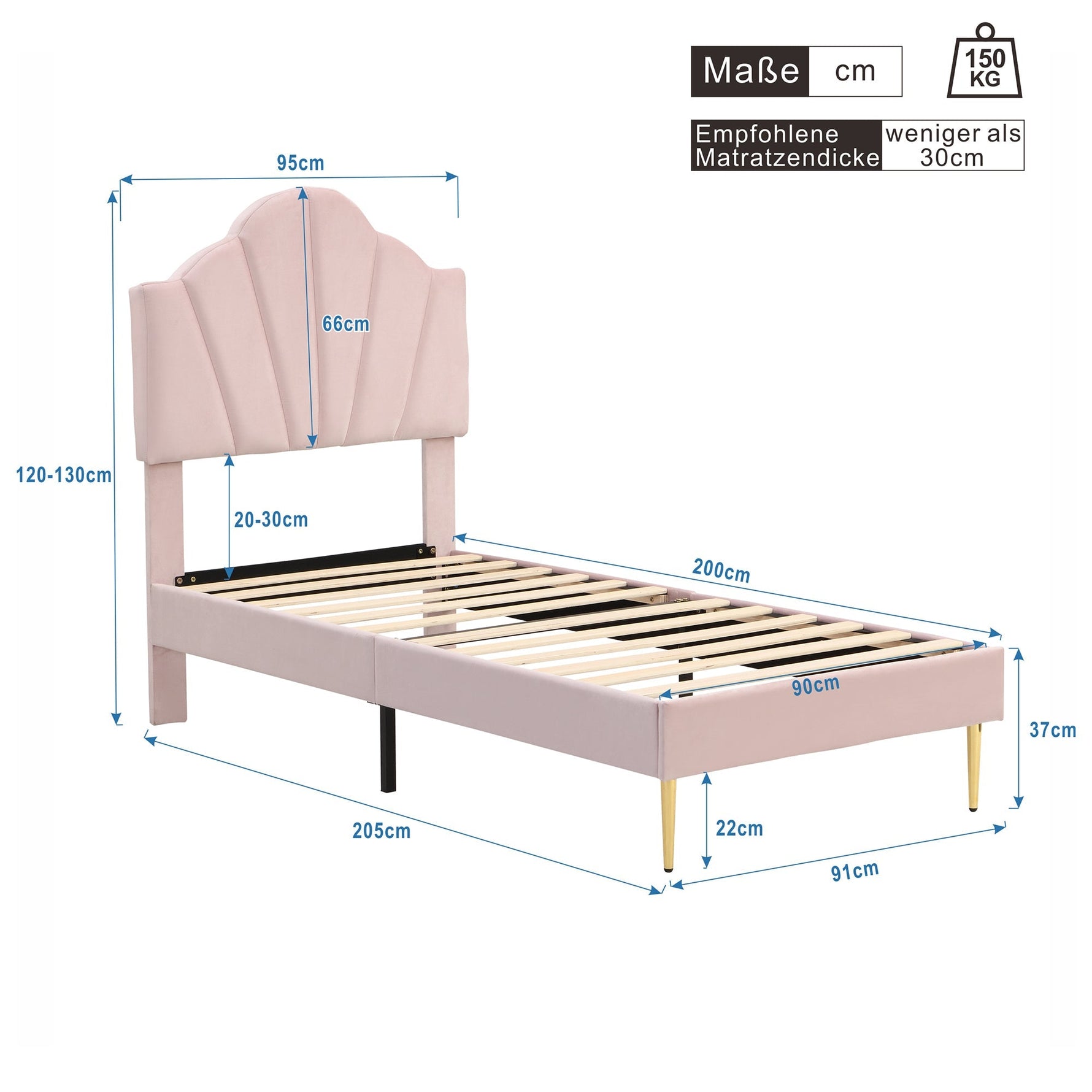 Shell-shaped Upholstered Bed with Storage Bench and Adjustable Headboard, 90x200cm, Pink Velvet