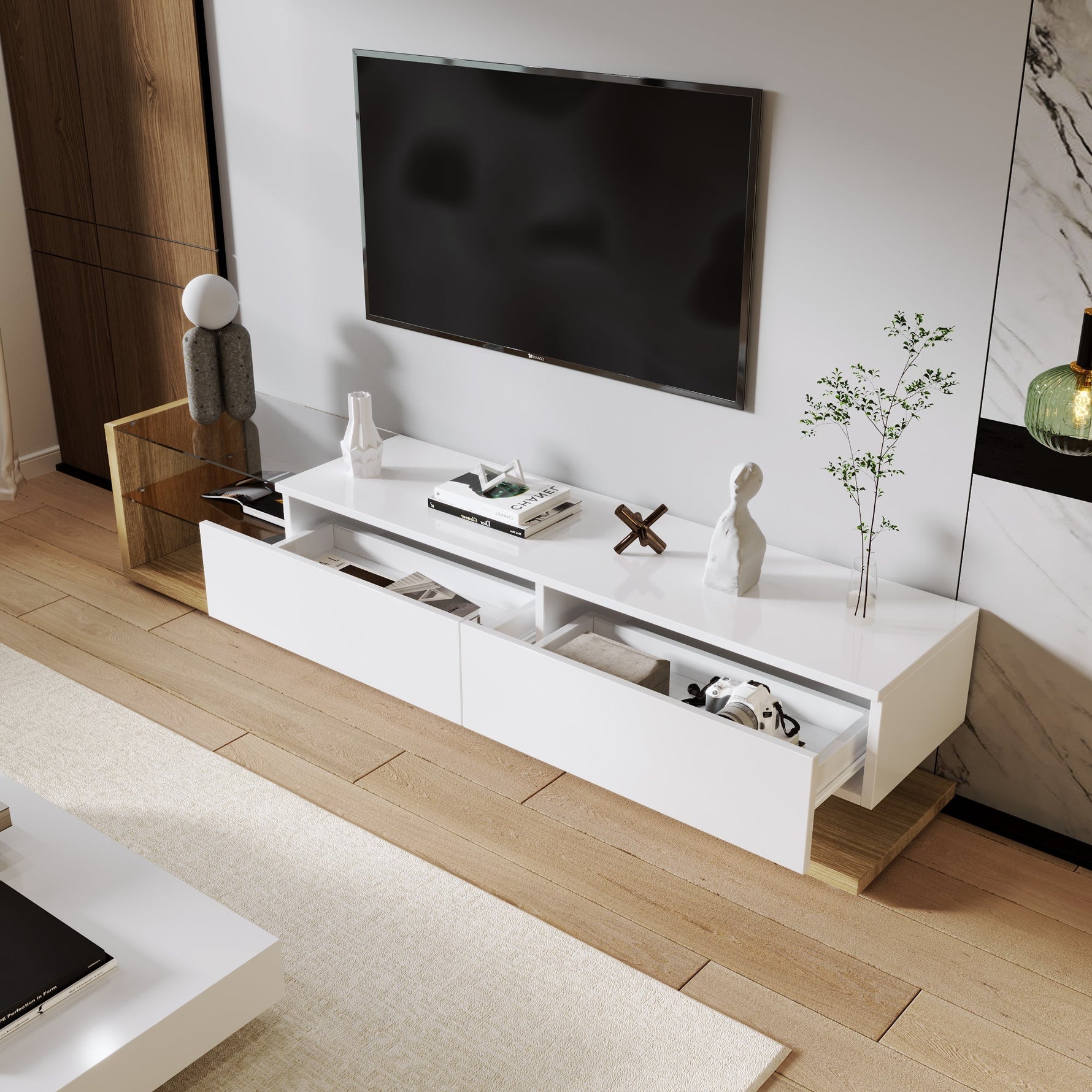 TV Cabinet Lowboard, LED Lighting Glass Partition, High-Gloss White and Wood