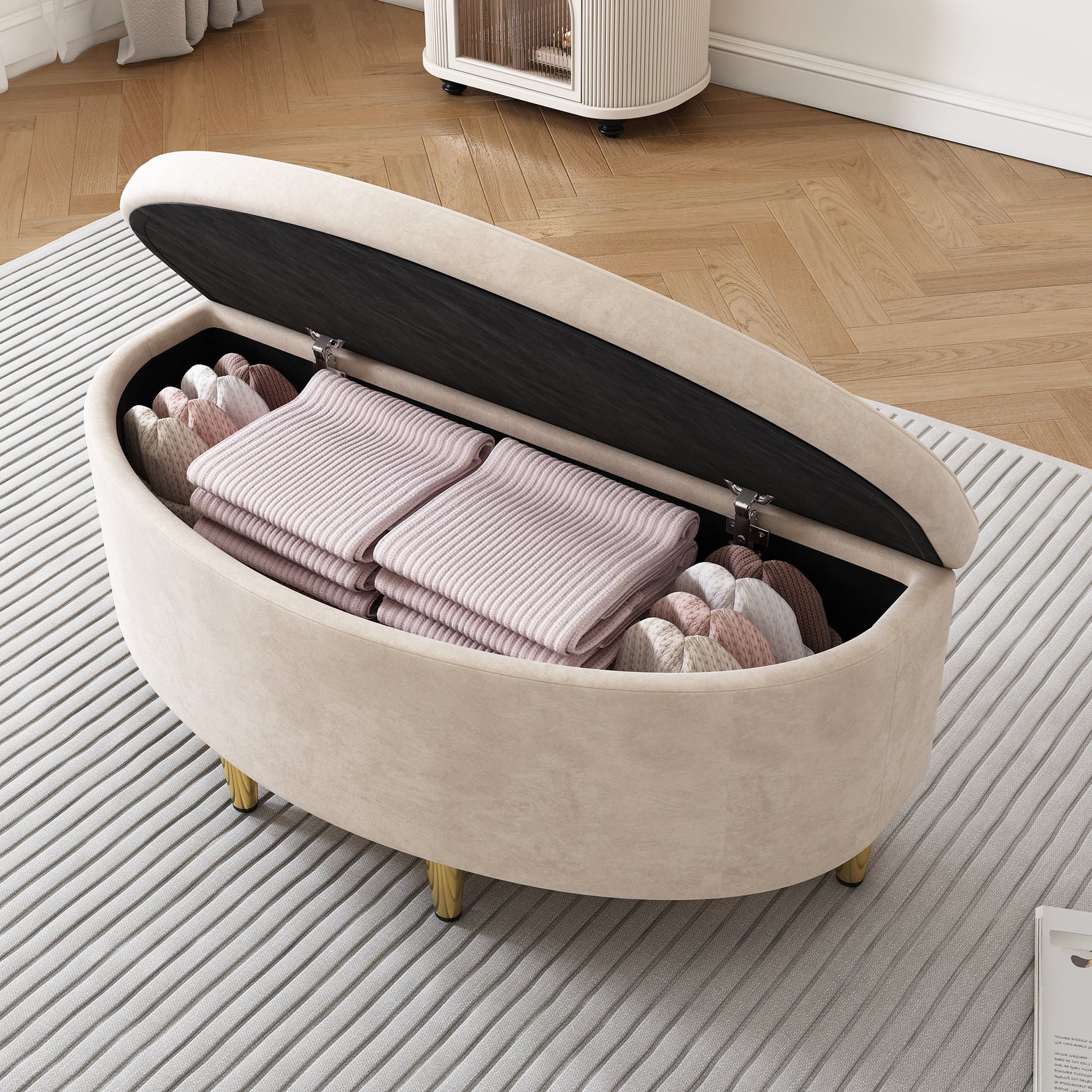 Upholstered Bed with Shell Headboard, Storage Bench and Golden Legs, 90x200cm, Beige Velvet