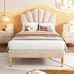 Upholstered Bed 90x200cm Shell Headboard Height-Adjustable Golden Iron Legs Velvet Beige