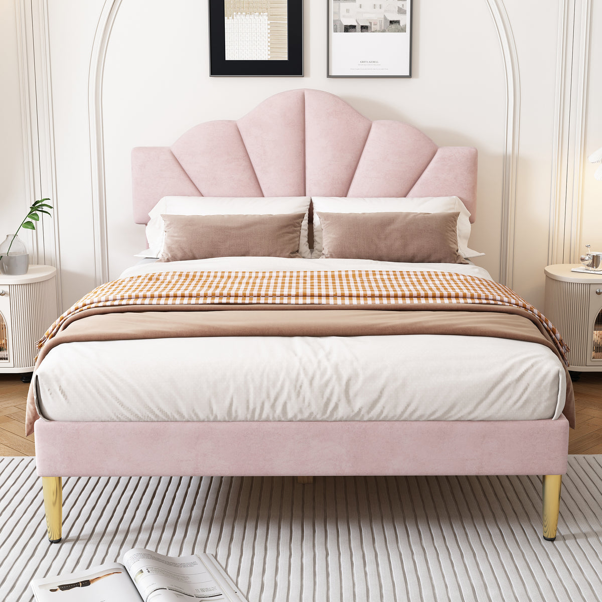 Upholstered Double Bed 140x190 Shell Design Pink Velvet