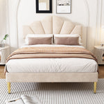 Shell-Shaped Upholstered Double Bed with Golden Legs and Slatted Base, 140x200 cm, Beige Velvet
