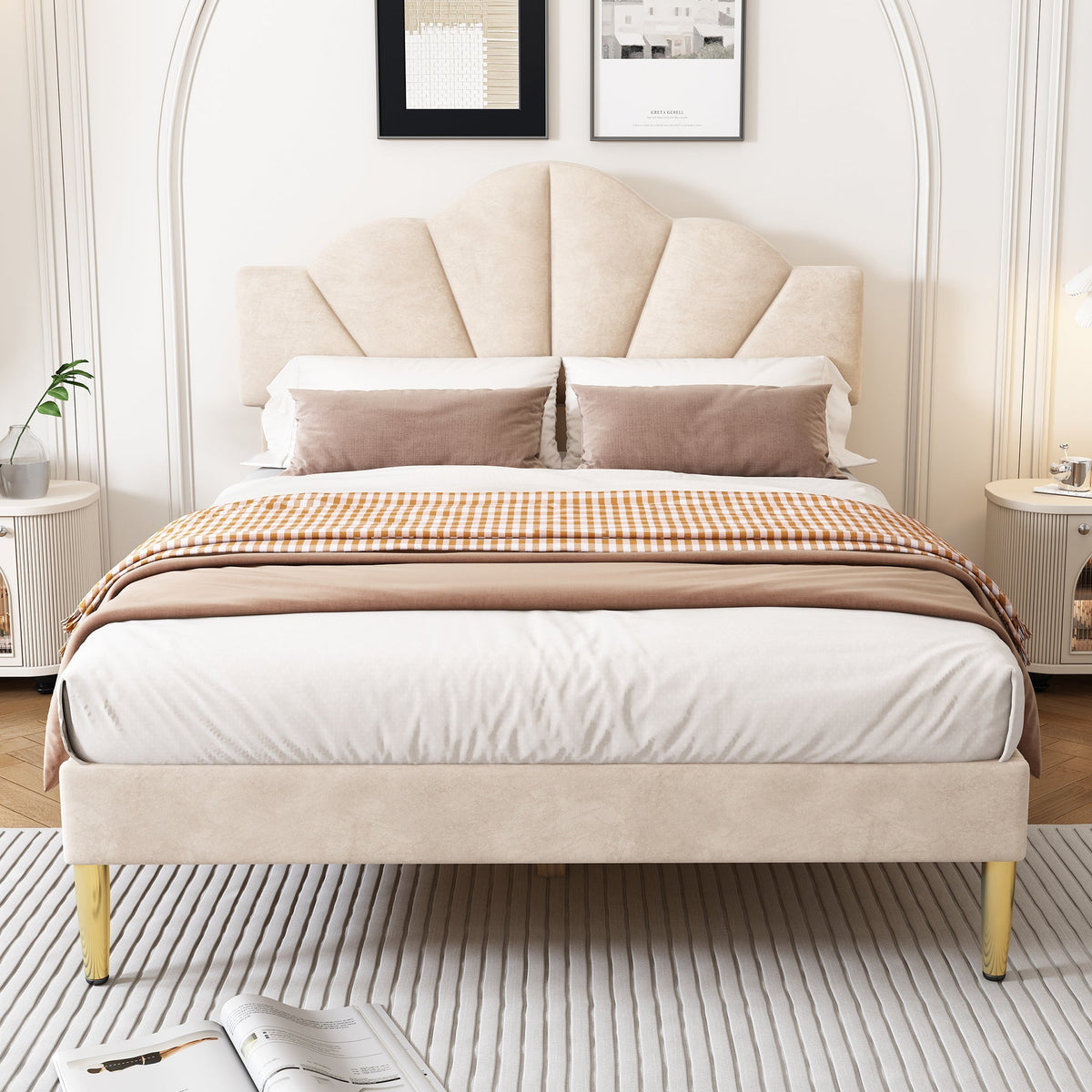 Velvet Upholstered Bed 140x190cm Shell Shape Adjustable Headboard Beige