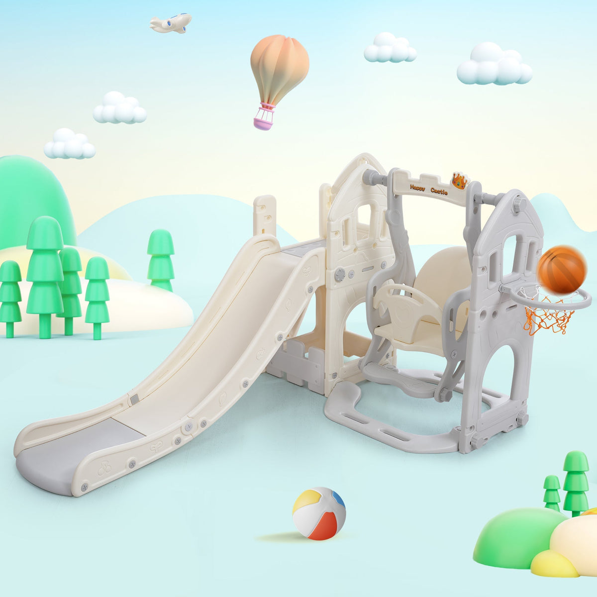 Children's Slide Set with Swing, 5-in-1, Climbing, Storage, Basketball Frame, Indoor