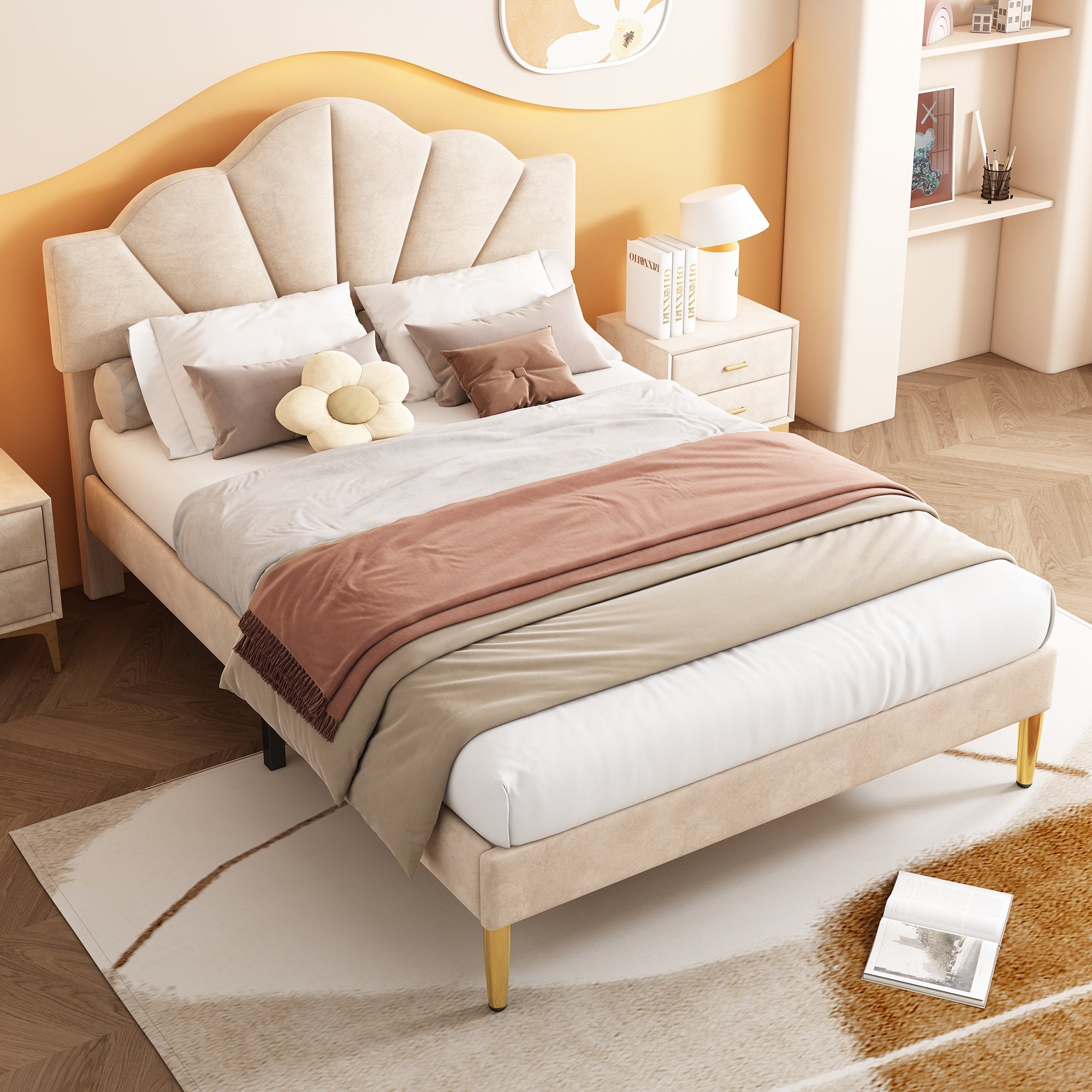 Velvet Upholstered Bed 140x190cm Shell Shape Adjustable Headboard Beige