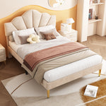 Velvet Upholstered Bed 140x190cm Shell Shape Adjustable Headboard Beige