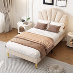 Upholstered Bed with Shell Headboard, Storage Bench and Golden Legs, 90x200cm, Beige Velvet