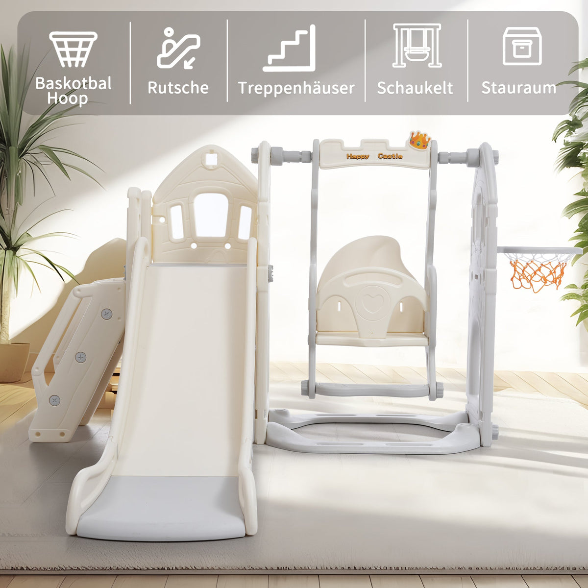 Children's Slide Set with Swing, 5-in-1, Climbing, Storage, Basketball Frame, Indoor
