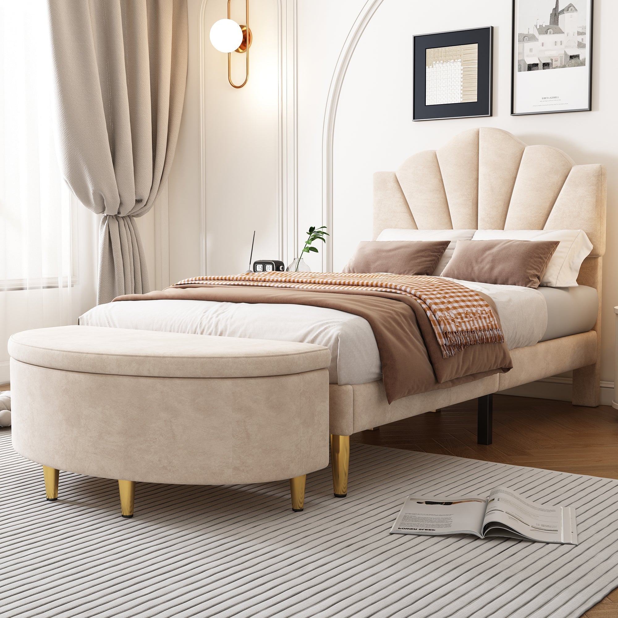 Upholstered Bed with Shell Headboard, Storage Bench and Golden Legs, 90x200cm, Beige Velvet