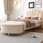 Upholstered Bed with Shell Headboard, Storage Bench and Golden Legs, 90x200cm, Beige Velvet