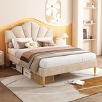 Velvet Upholstered Bed 140x190cm Shell Shape Adjustable Headboard Beige
