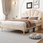Velvet Upholstered Bed 140x190cm Shell Shape Adjustable Headboard Beige