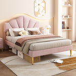 Upholstered Double Bed 140x190 Shell Design Pink Velvet