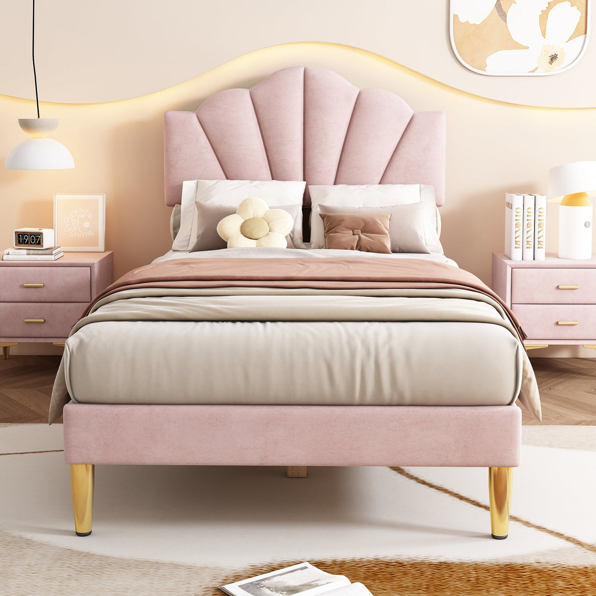 Velvet Upholstered Bed 90x200cm Shell Adjustable Headboard Golden Legs - Pink