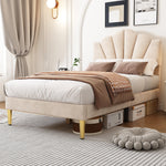 Upholstered Bed 90x200cm Shell Headboard Height-Adjustable Golden Iron Legs Velvet Beige