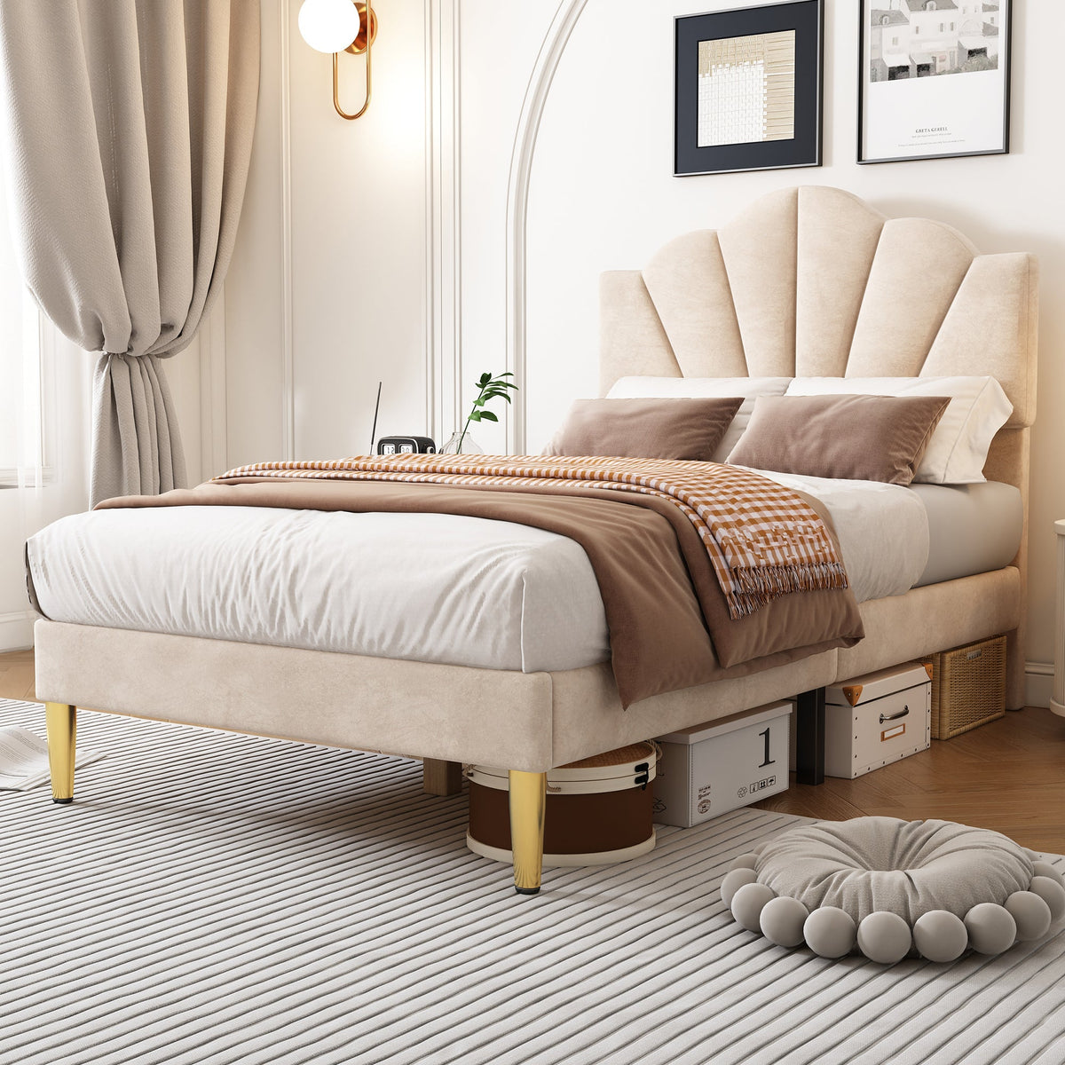 Upholstered Bed 90x200cm Shell Headboard Height-Adjustable Golden Iron Legs Velvet Beige