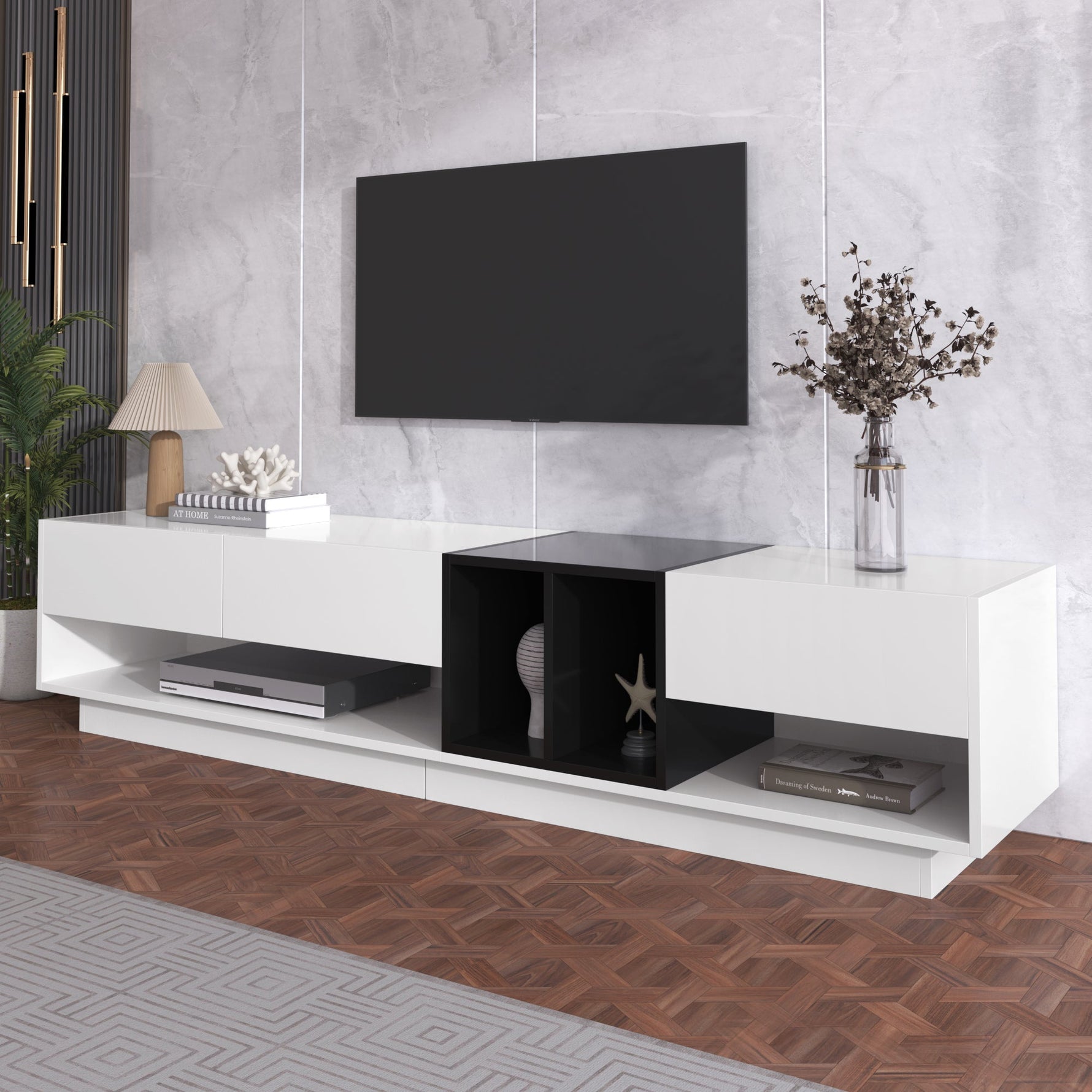 TV Cabinet Lowboard, Color-Blocking Design with Drawers & Compartments, High-Gloss White and Black