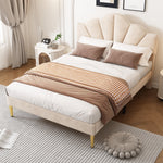 Velvet Upholstered Bed 140x190cm Shell Shape Adjustable Headboard Beige