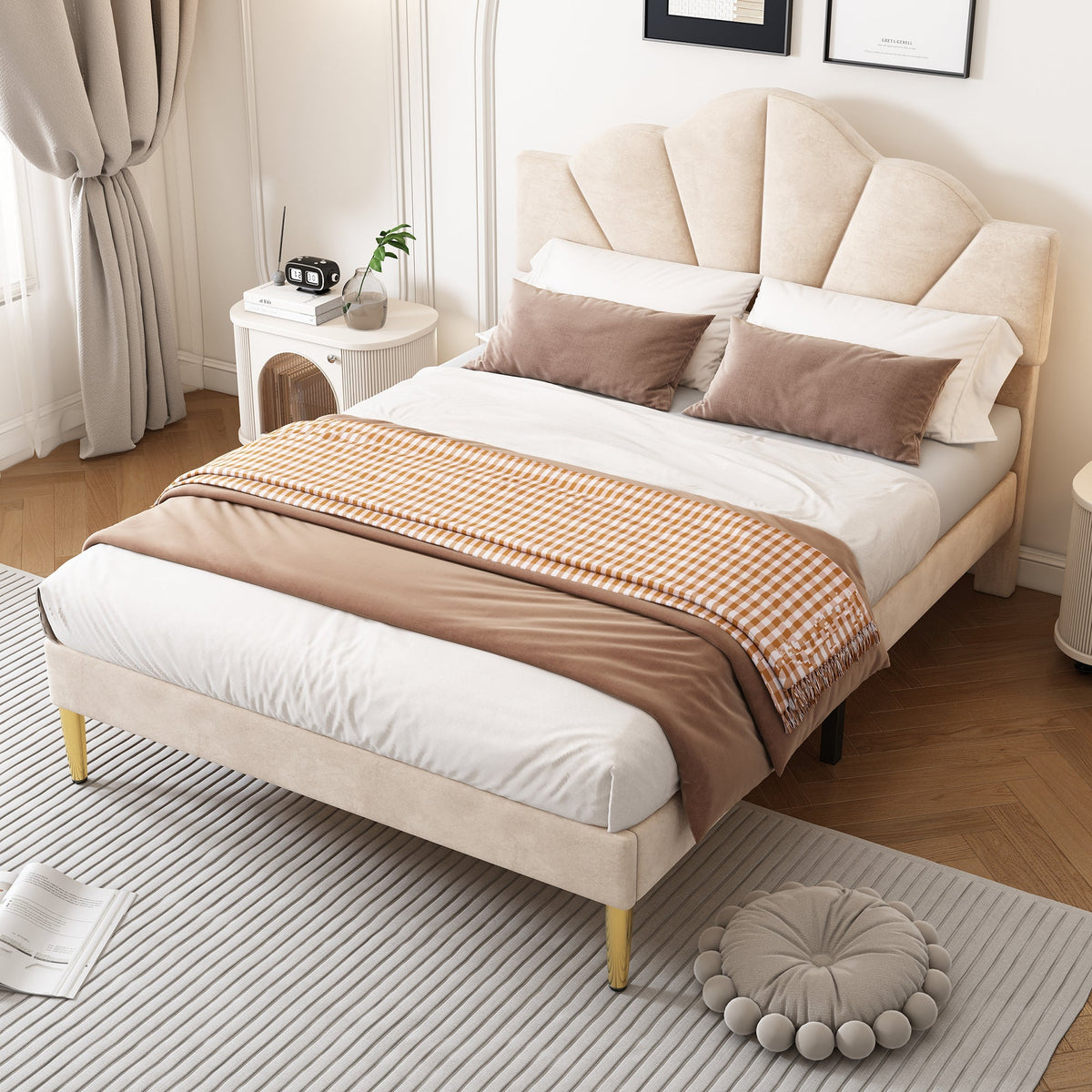 Velvet Upholstered Bed 140x190cm Shell Shape Adjustable Headboard Beige