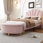 Shell-shaped Upholstered Bed with Storage Bench and Adjustable Headboard, 90x200cm, Pink Velvet