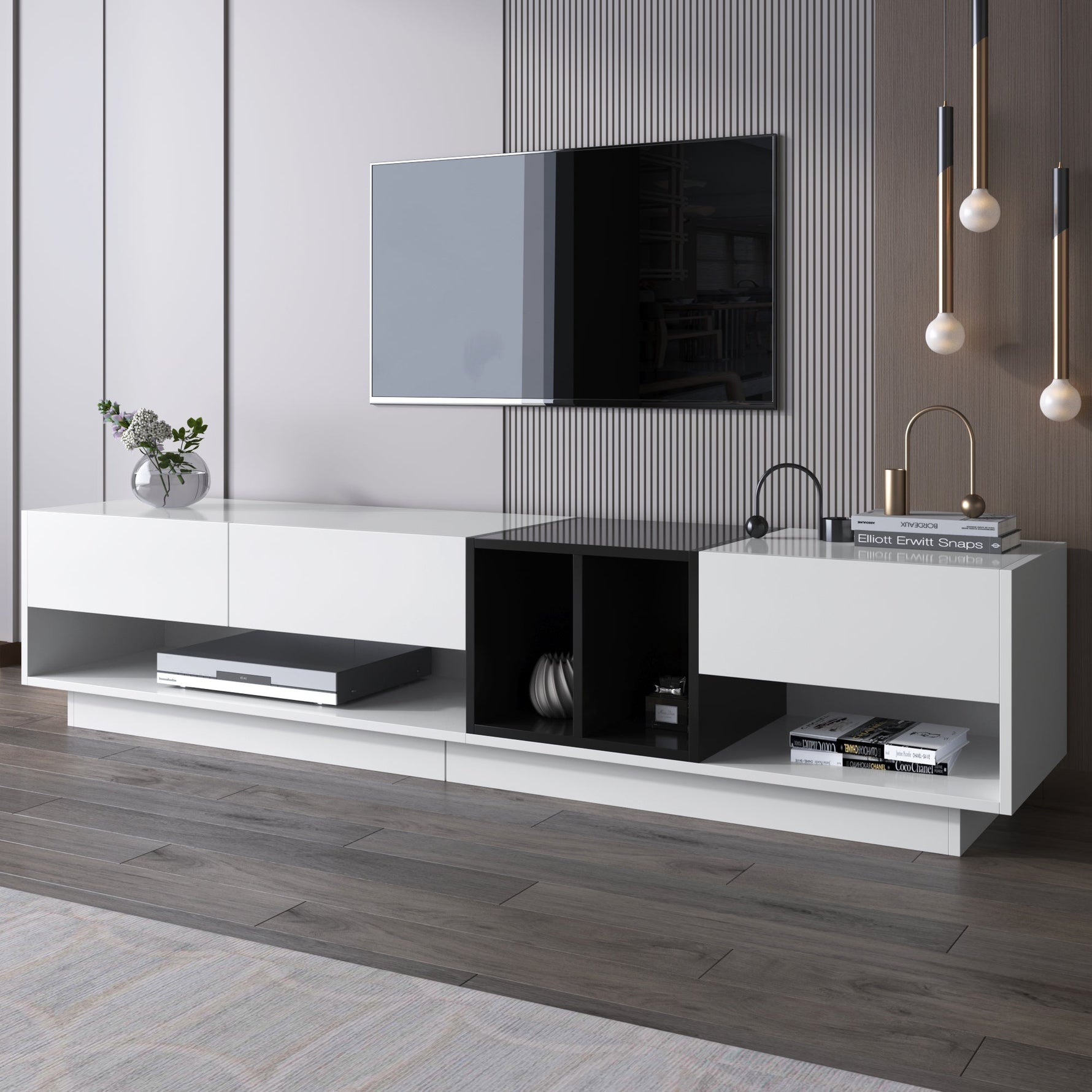 TV Cabinet Lowboard, Color-Blocking Design with Drawers & Compartments, High-Gloss White and Black