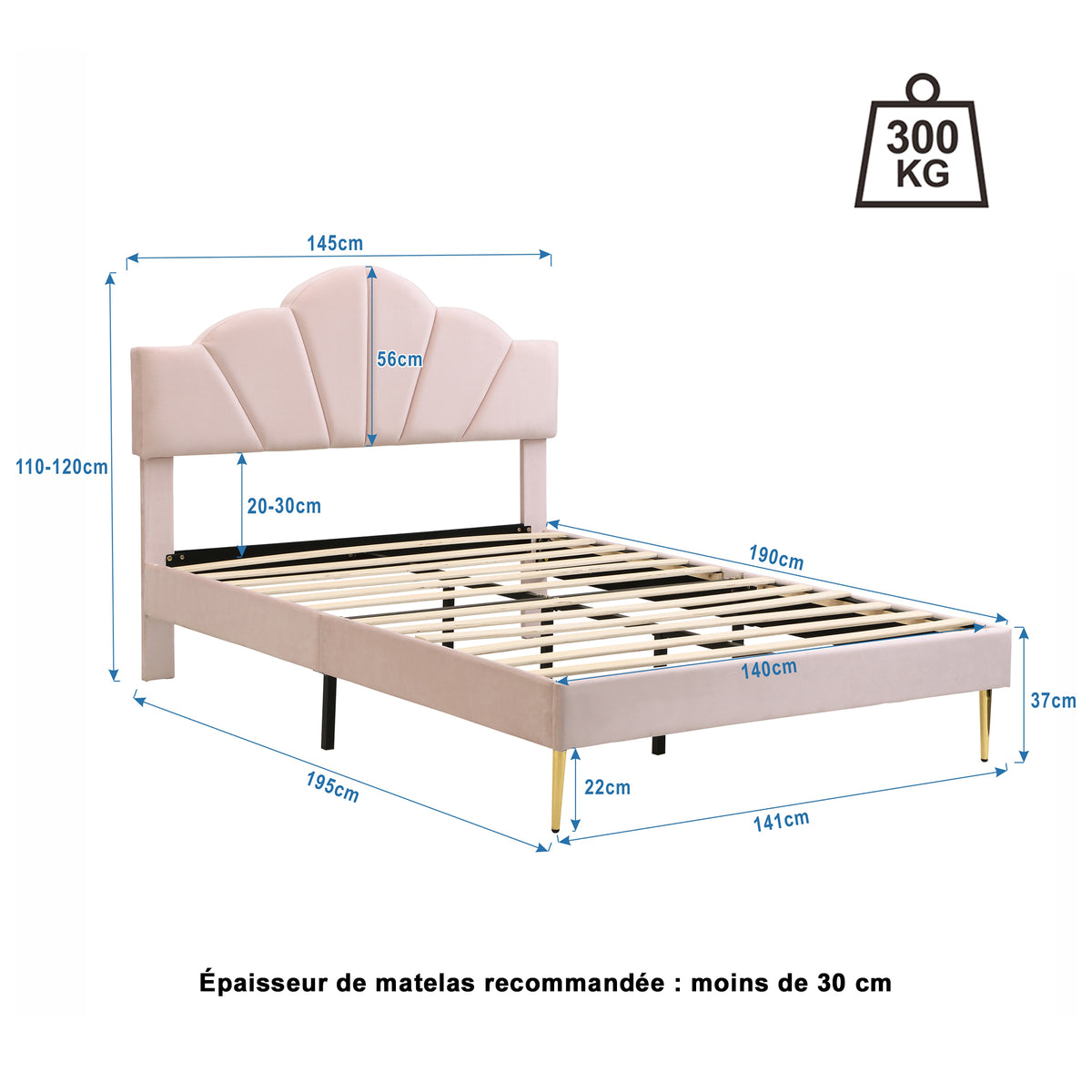 Upholstered Double Bed 140x190 Shell Design Pink Velvet