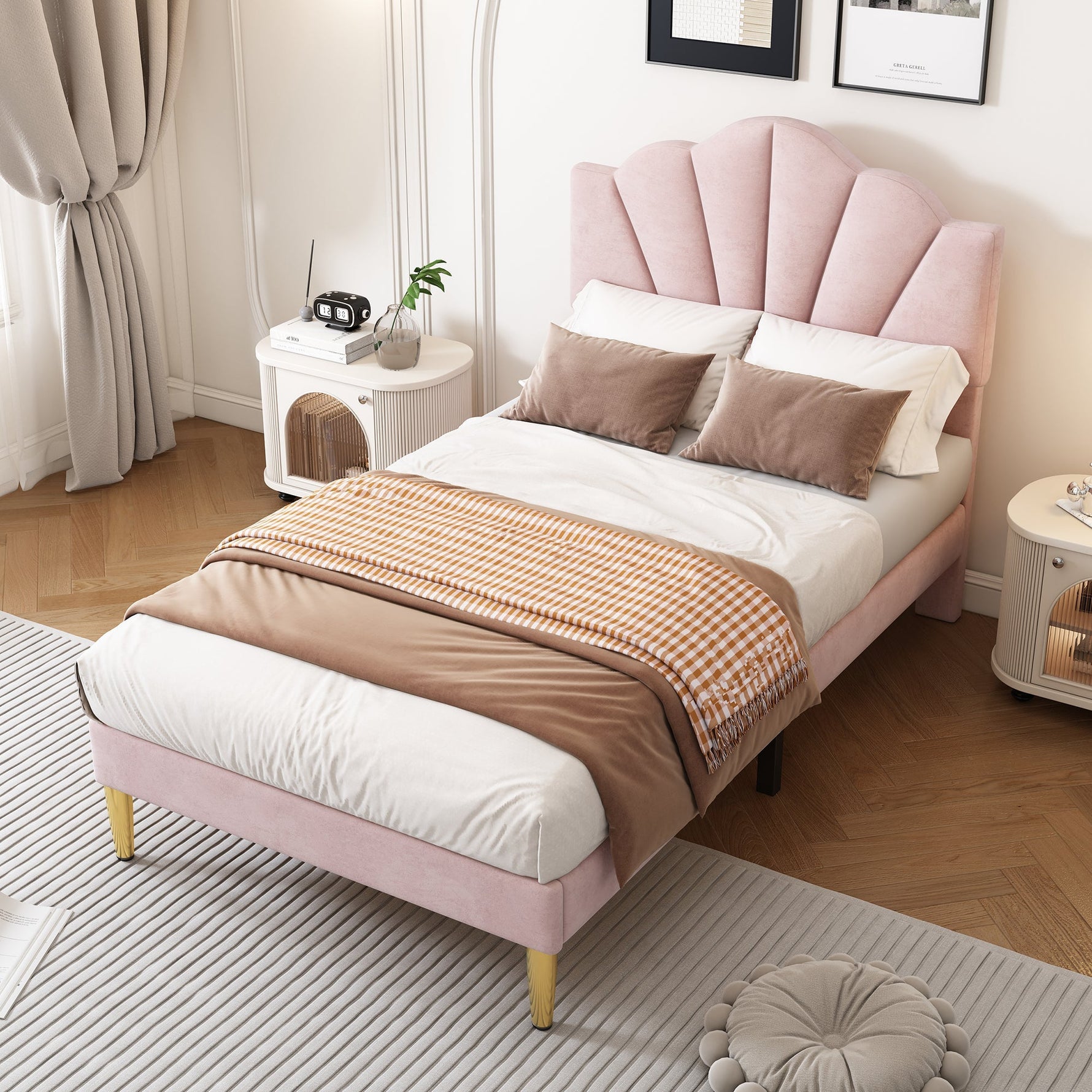 Shell-shaped Upholstered Bed with Storage Bench and Adjustable Headboard, 90x200cm, Pink Velvet