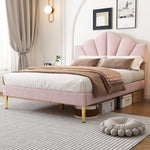 Upholstered Double Bed 140x190 Shell Design Pink Velvet