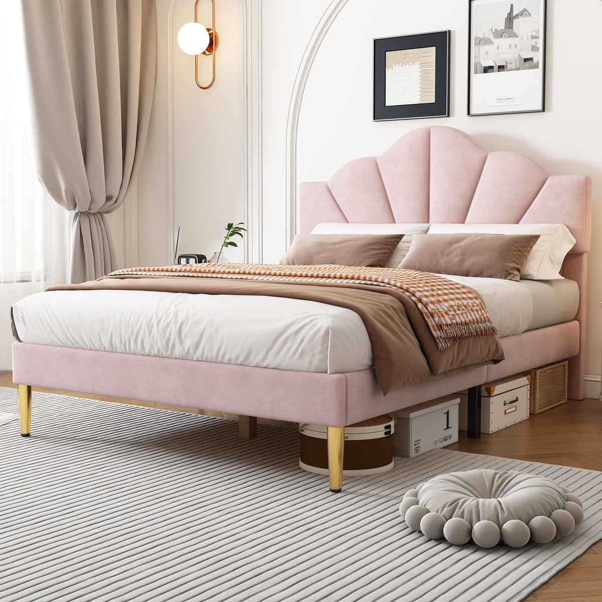 Upholstered Double Bed 140x190 Shell Design Pink Velvet