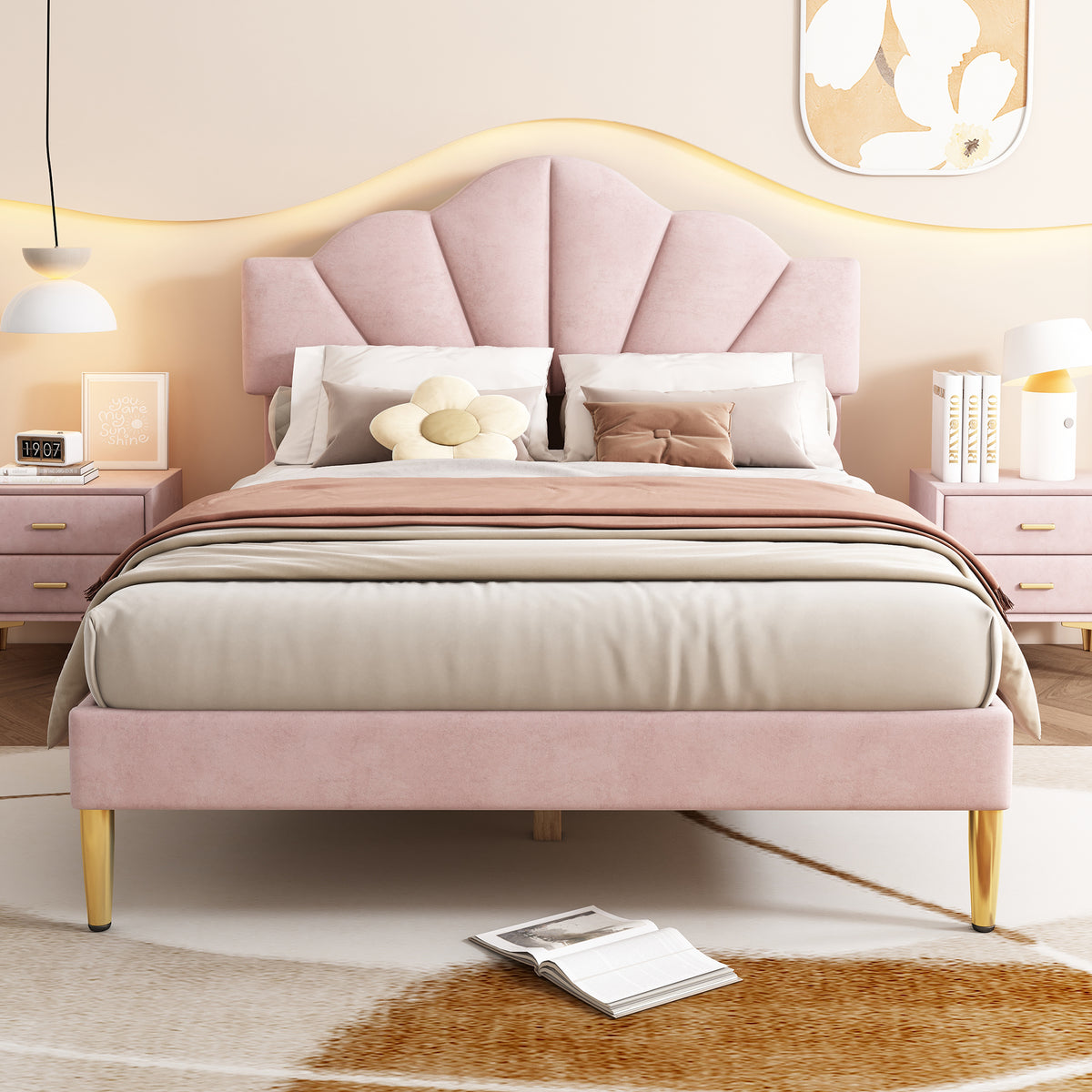 Upholstered Double Bed 140x190 Shell Design Pink Velvet