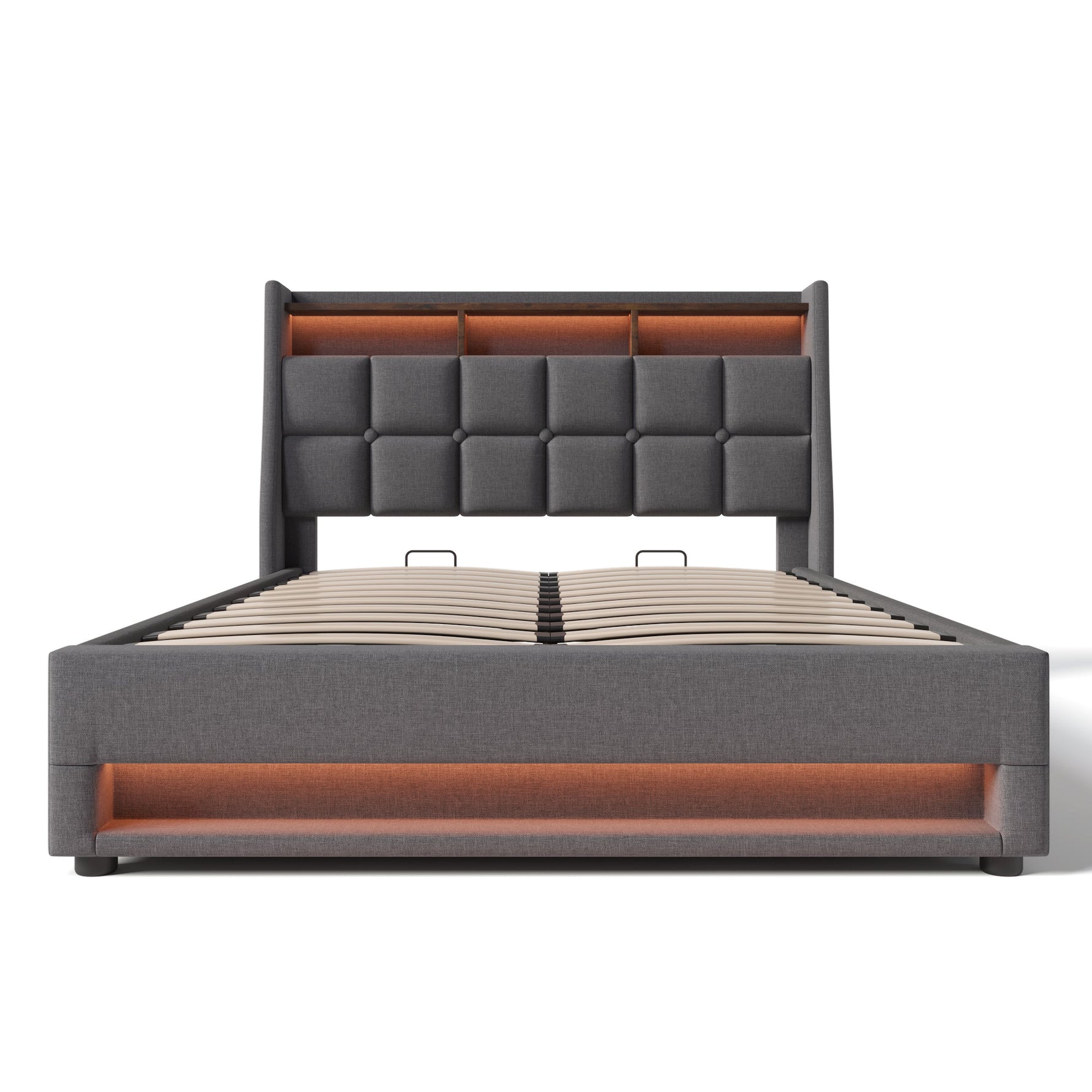 Upholstered Double Bed with USB, LED and Metal Slatted Base, 180x200cm, Grey Linen