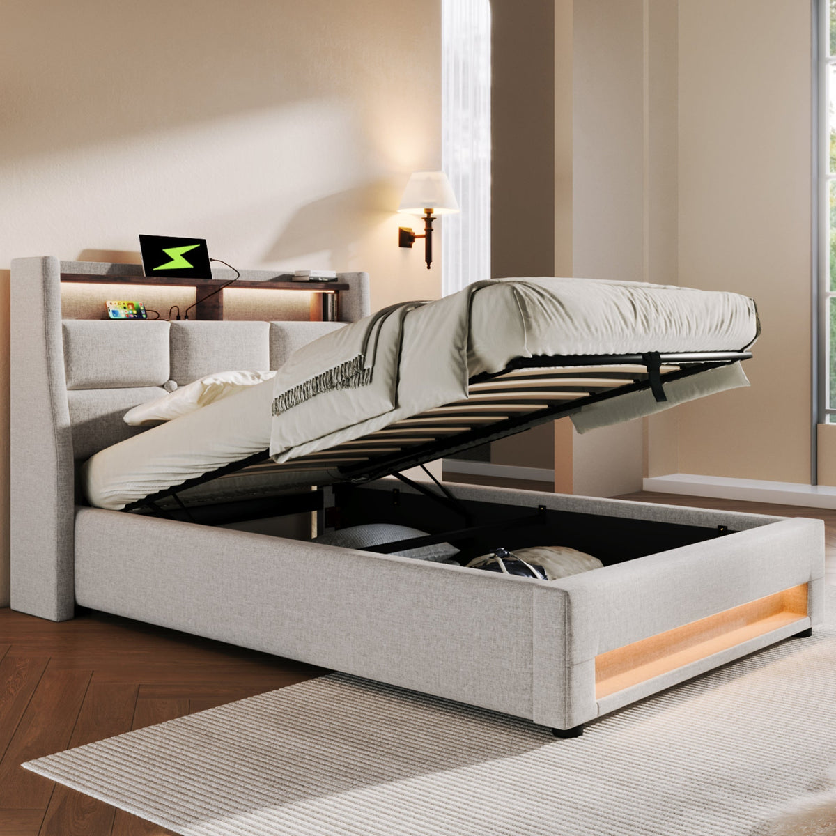Upholstered Bed 90x200cm, LED Single with USB, Linen