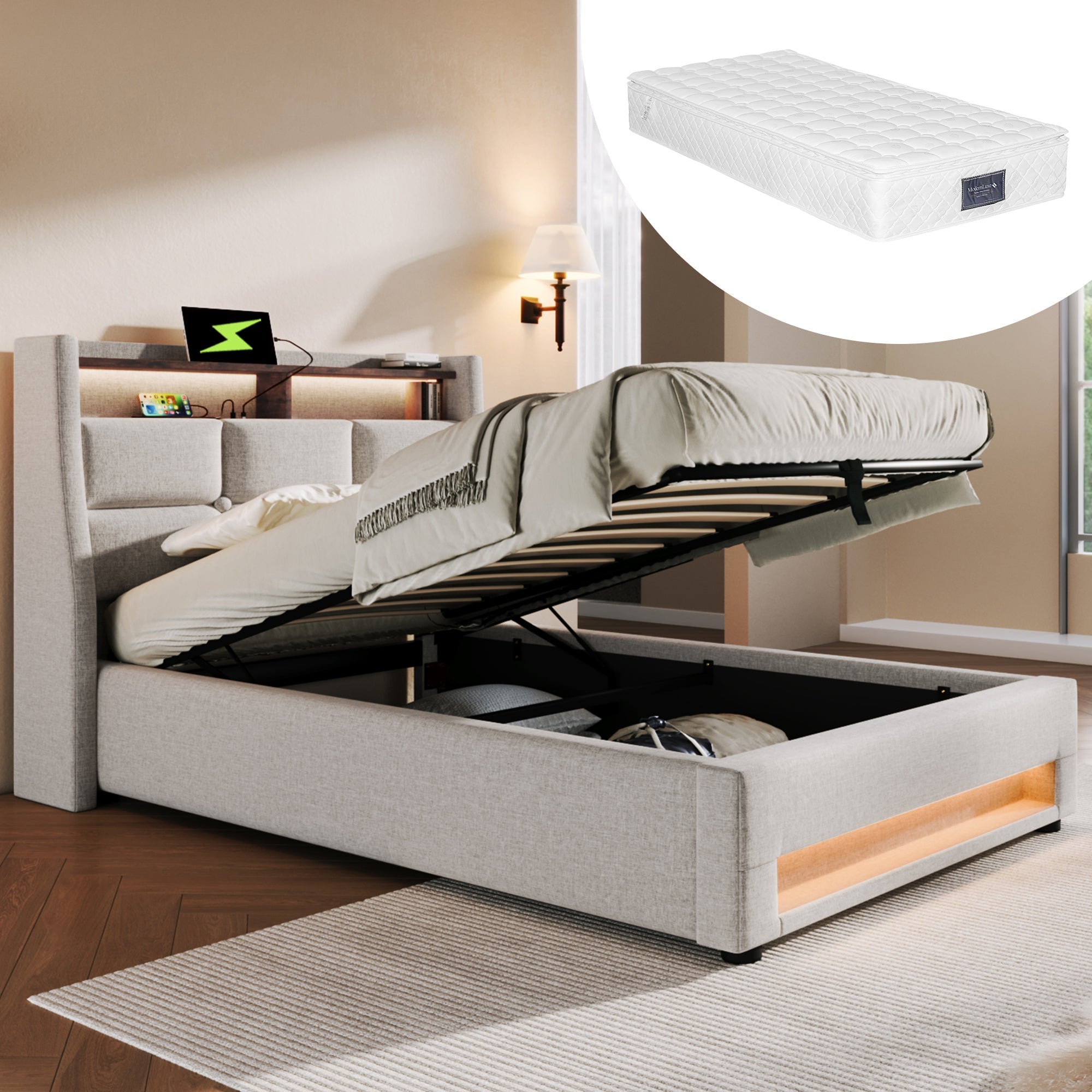 Upholstered Bed, 90x200cm LED Single with Metal Frame, Linen