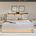 Upholstered Bed 160x200cm LED Double Bed with USB, Metal Frame, Linen Material