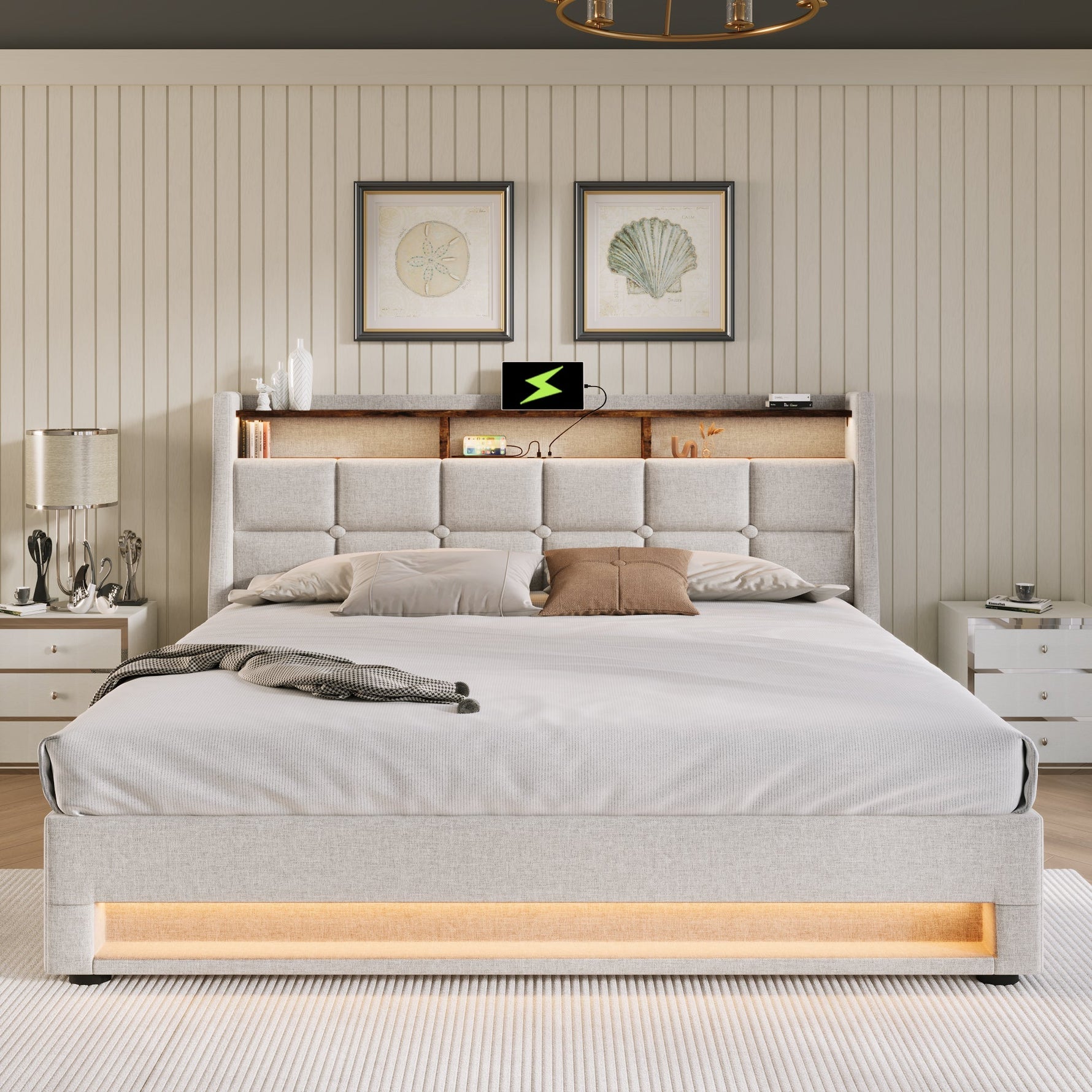 Upholstered Bed 160x200cm LED Double Bed with USB, Metal Frame, Linen Material