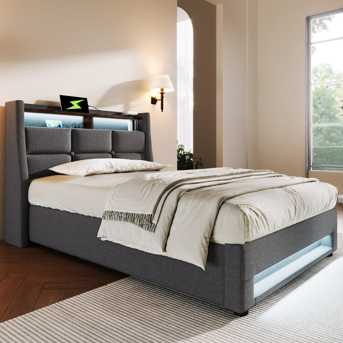 Upholstered Bed 90x200cm Single USB LED Slatted Base, Linen Fabric