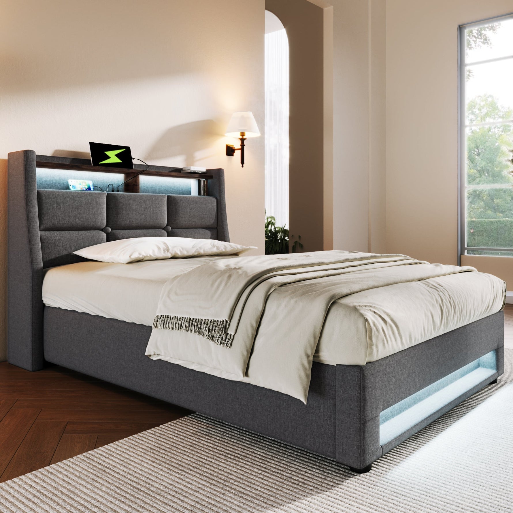 Upholstered Single Bed 90x200cm USB LED Metal Frame Linen