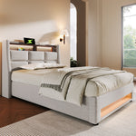 Upholstered Bed 90x200cm, LED Single with USB, Linen