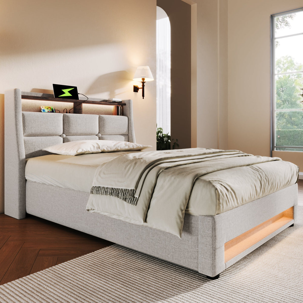 Upholstered Bed 90x200cm, LED Single with USB, Linen