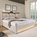 Upholstered Bed 160x200cm LED Double Bed with USB, Metal Frame, Linen Material