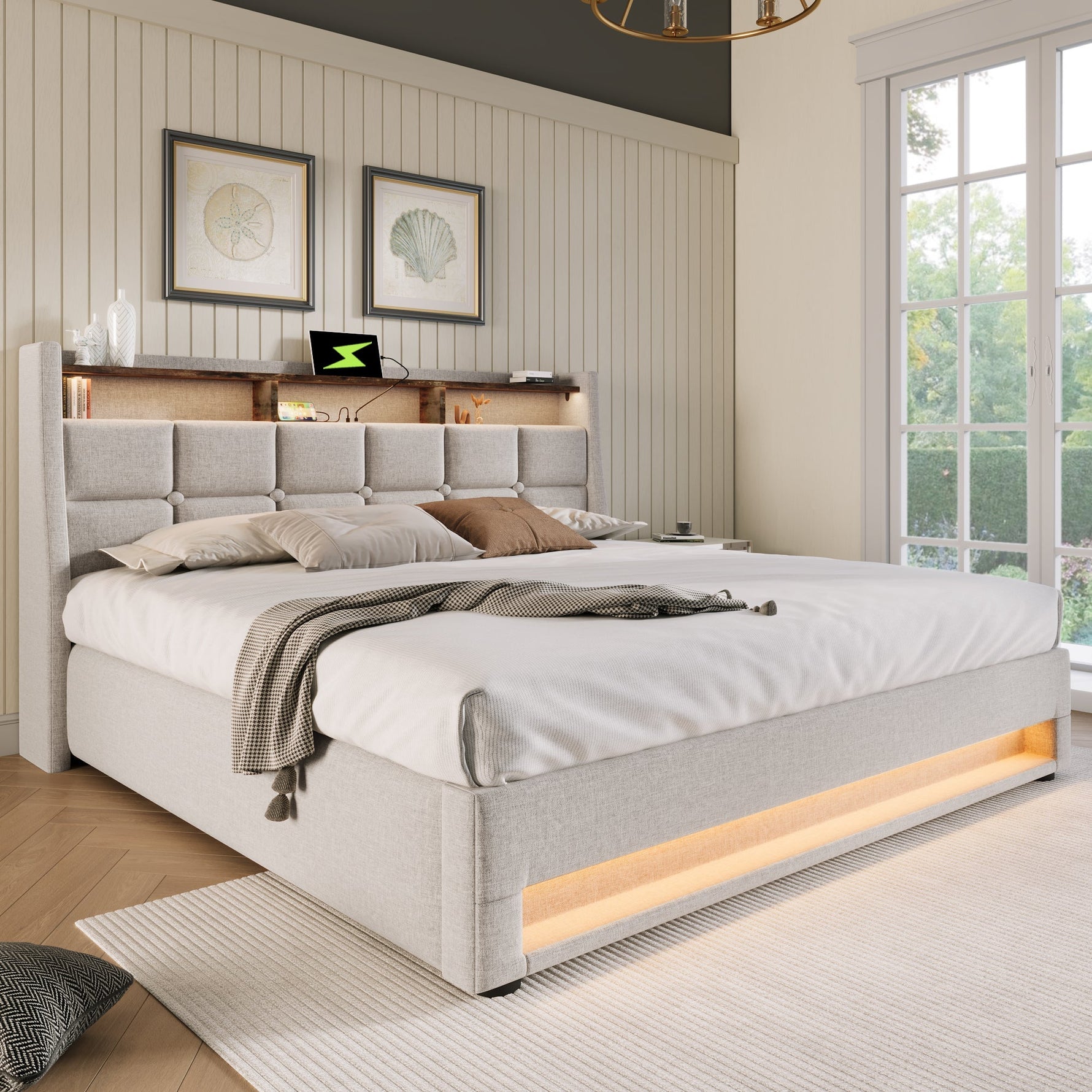 Upholstered Bed 160x200cm LED Double Bed with USB, Metal Frame, Linen Material