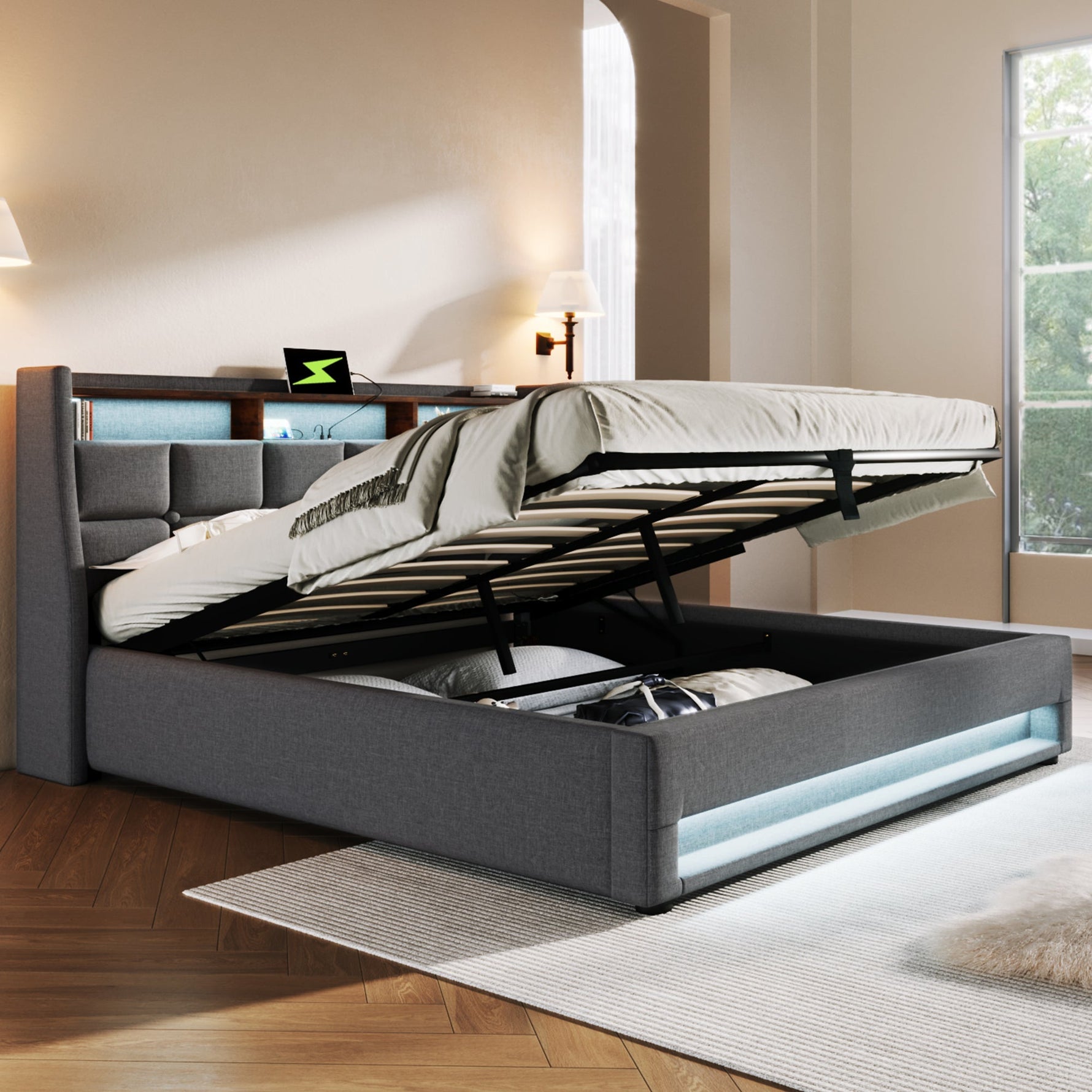 Upholstered Bed, USB LED, Metal Frame, Linen