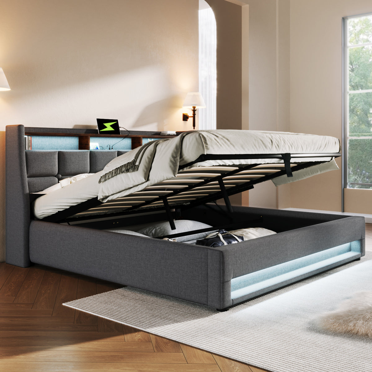 Upholstered Double Bed 140x200 cm with LED & USB in Linen